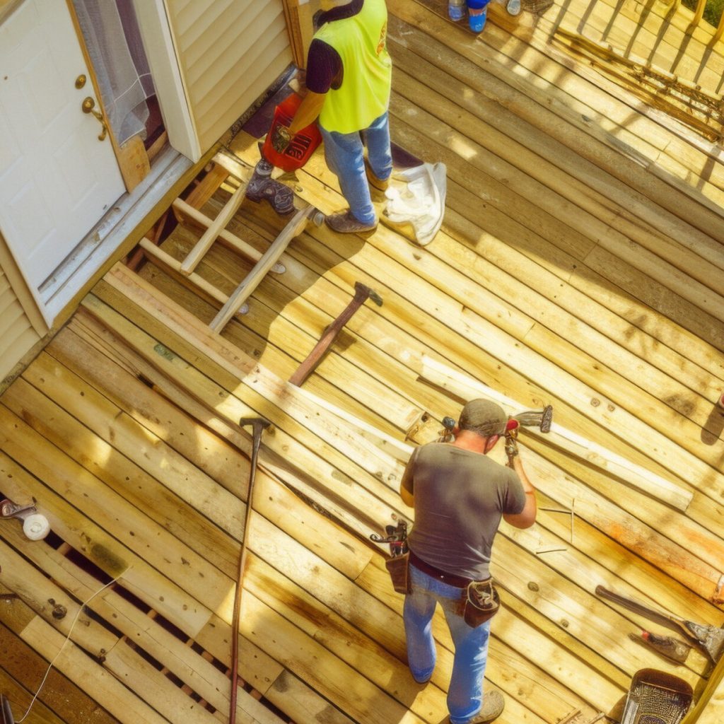 Contractors install a deck.
